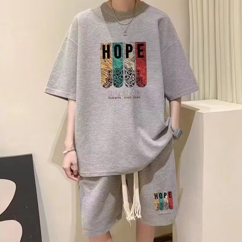 帅气短袖华夫格青少年休闲运动套装男生夏季宽松大码短裤搭配一套