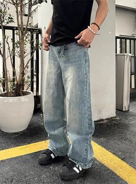 子美式直筒阔腿裤纹微unknown牛仔裤宽松复古noh闪电 喇py男款ap