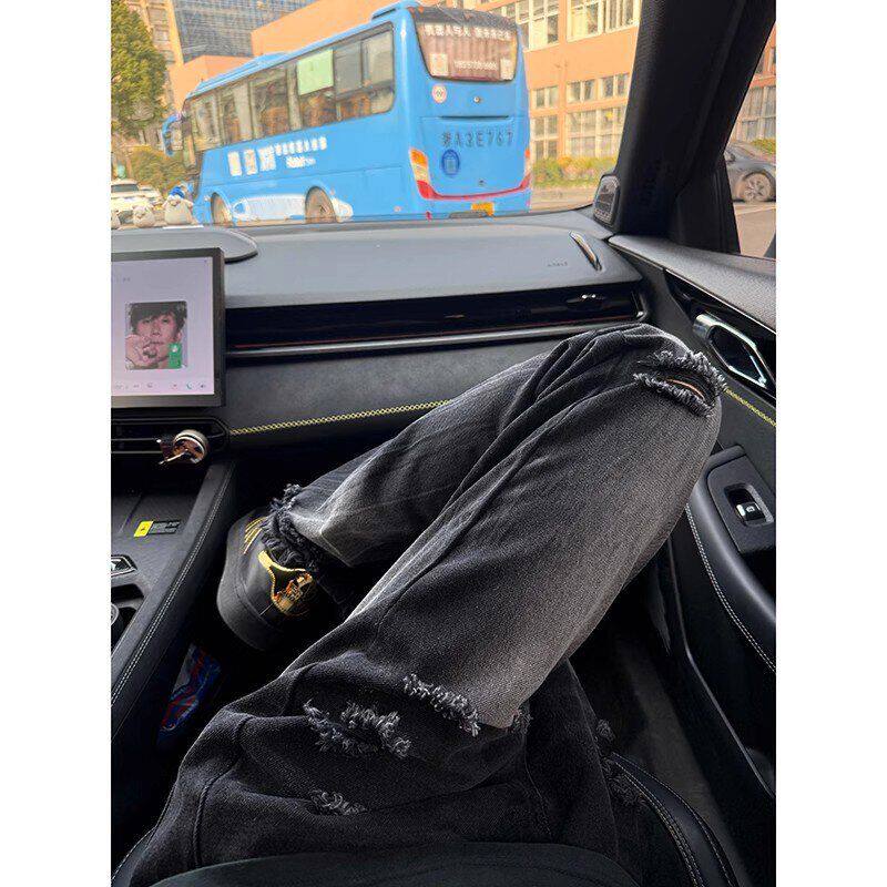 设计感男微喇美式直筒裤cvibe破洞牛仔裤春季黑色裤子le高街anfit