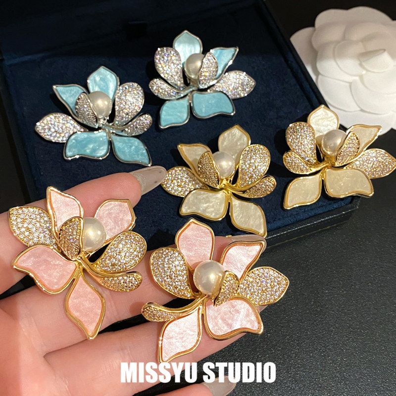 电镀花朵蓝钻锆石高级感耳钉耳饰