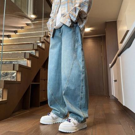 潮牌青少年工装裤夏季男牛仔裤子阔腿裤宽松水洗秋季直筒弯刀美式