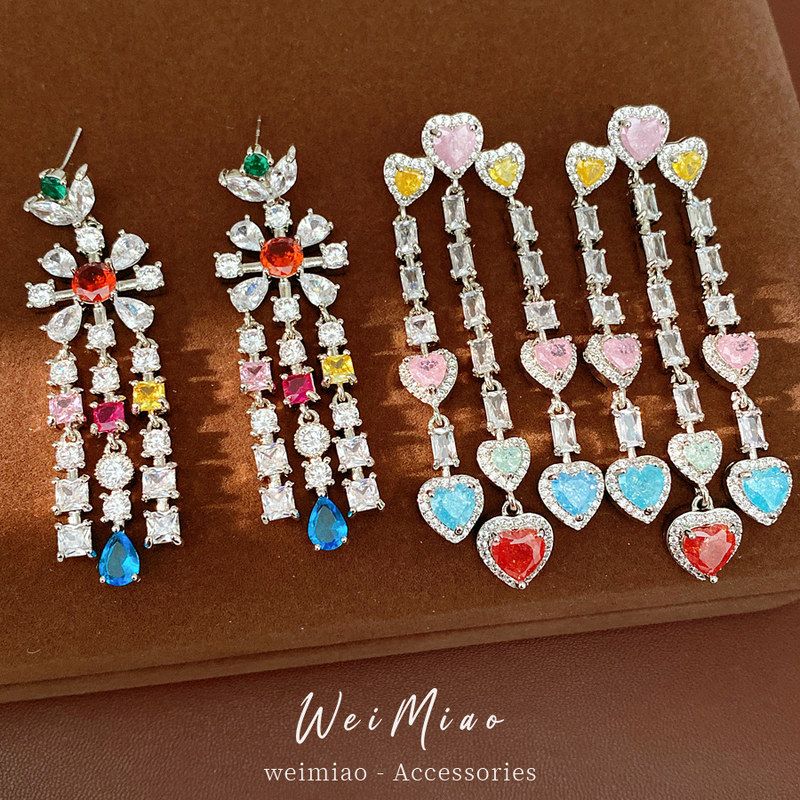 锆石水滴花朵耳饰小众高级感流苏