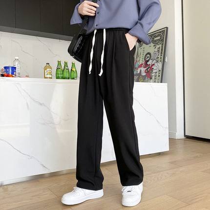 坠感高街夏季西裤直筒松紧轻裤子微阔九分潮流宽松休闲薄款男裤男