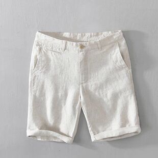五分裤子亚麻夏季纯色中沙滩裤男士宽松休闲短裤薄款麻布过膝直筒