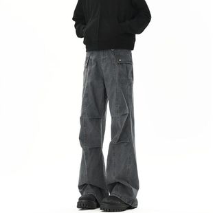 做旧潮流水洗美式复古长裤新款春季工装拼接男牛仔裤vintage直筒