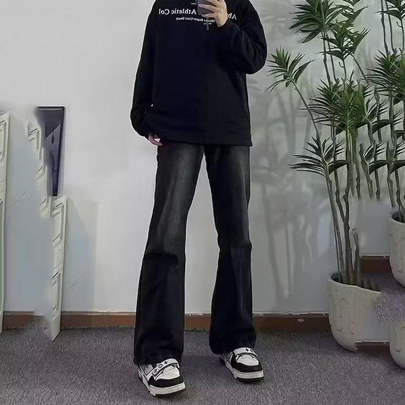 微喇潮流款牛仔裤长裤黑色男帅气宽松高级感裤子美式春夏直筒高街