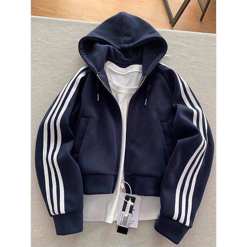 杠廓男款藏青色三条外套短款开衫le形bomberanfit重磅c帽衫卫衣连