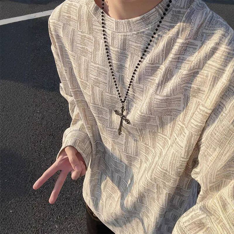 春季扎染格纹高级感宽松长袖搭上衣打底衫内T恤痞帅潮牌美式男款