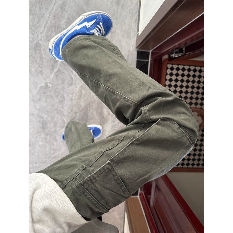 美式微喇高街裤子弯刀军绿色伐木