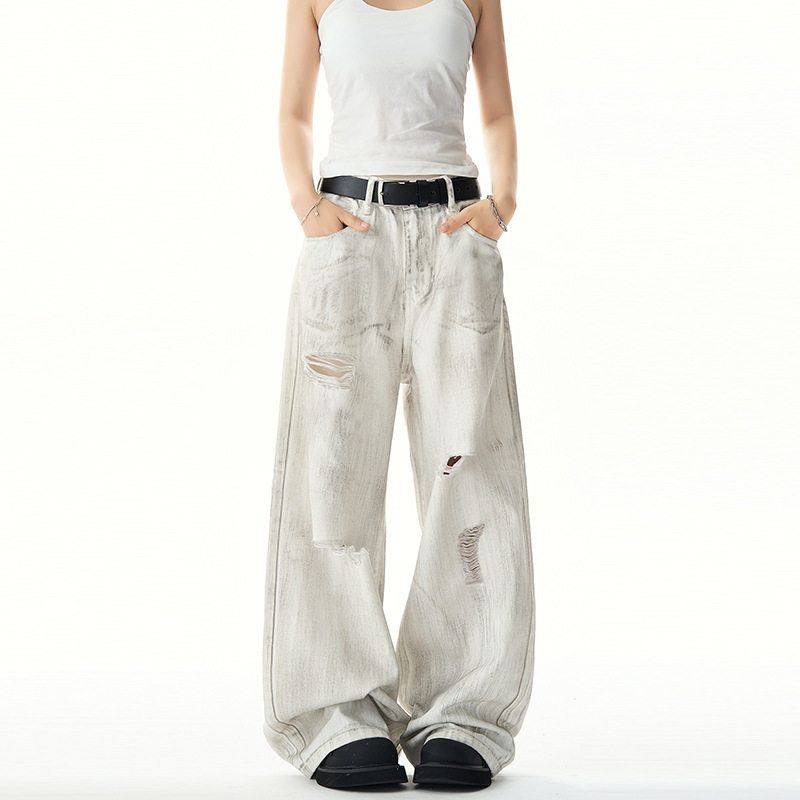 国潮做旧牛仔裤牛仔裤宽松白色美式坠感直筒拖地女阔腿裤脏脏垂感