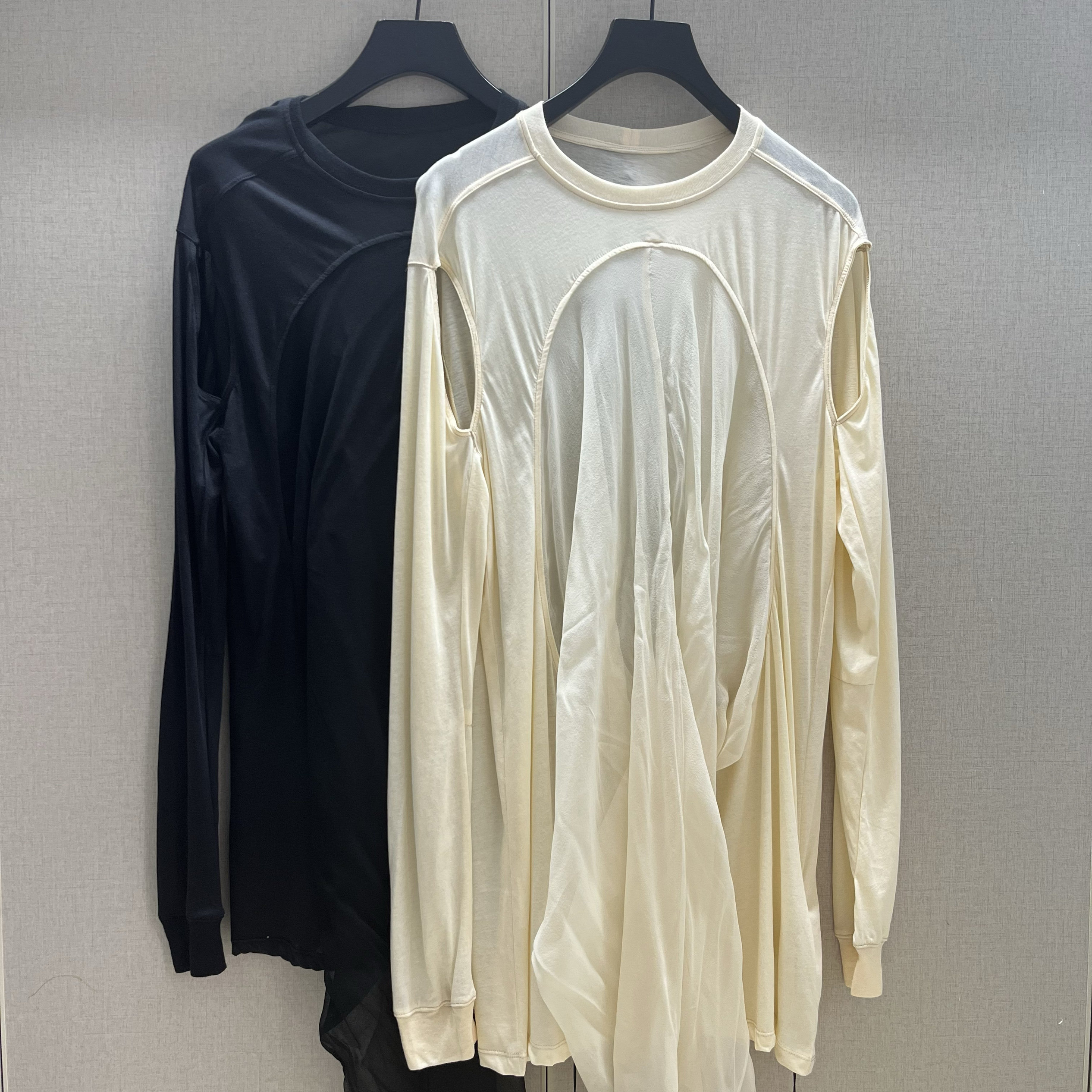 2025夏季暗黑R风O薄款镂空拼接圆领个性下摆搭肩男士宽松长袖T恤