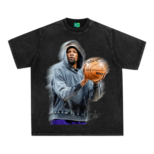 杜兰特美式复古数码直喷印花圆领短袖水洗做旧高街潮纯棉T恤宽松