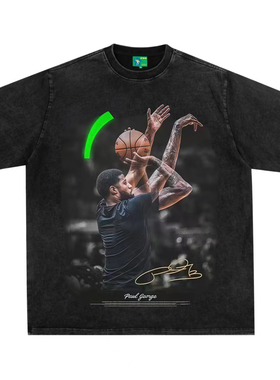 保罗乔治美式水洗做旧T恤嘻哈高街潮牌复古篮球衣男女春夏短袖
