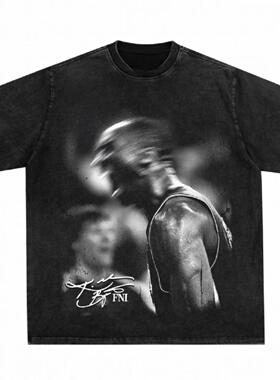 科比怒吼美式复古数码直喷印花圆领短袖水洗做旧高街潮牌纯棉T恤