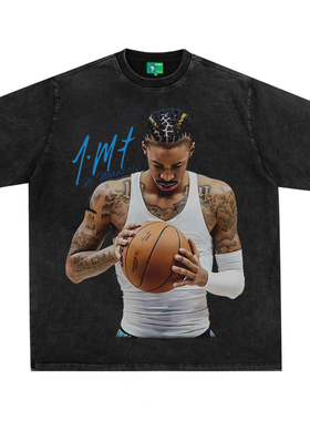 莫兰特美式复古数码直喷印花圆领短袖水洗做旧高街纯棉T恤宽松男