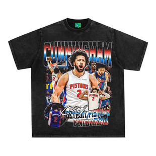 坎宁安美式复古数码直喷印花圆领短袖水洗做旧高街纯棉T恤宽松潮