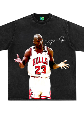 飞人美式复古数码直喷印花圆领短袖水洗做旧高街纯棉T恤宽松男潮