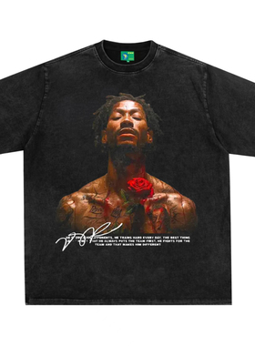 罗斯美式复古数码直喷印花圆领短袖水洗做旧高街潮牌纯棉T恤宽松