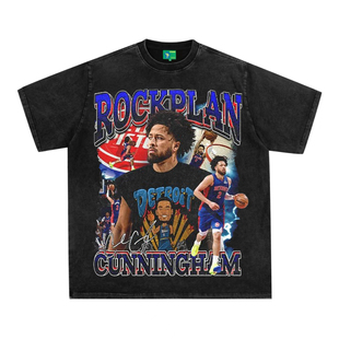 坎宁安美式复古数码直喷印花圆领短袖水洗做旧高街纯棉T恤宽松潮