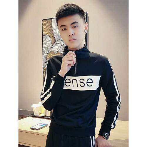 网红社会时尚小伙半拉链撞色九分裤长袖卫衣运动套装2026秋装一套