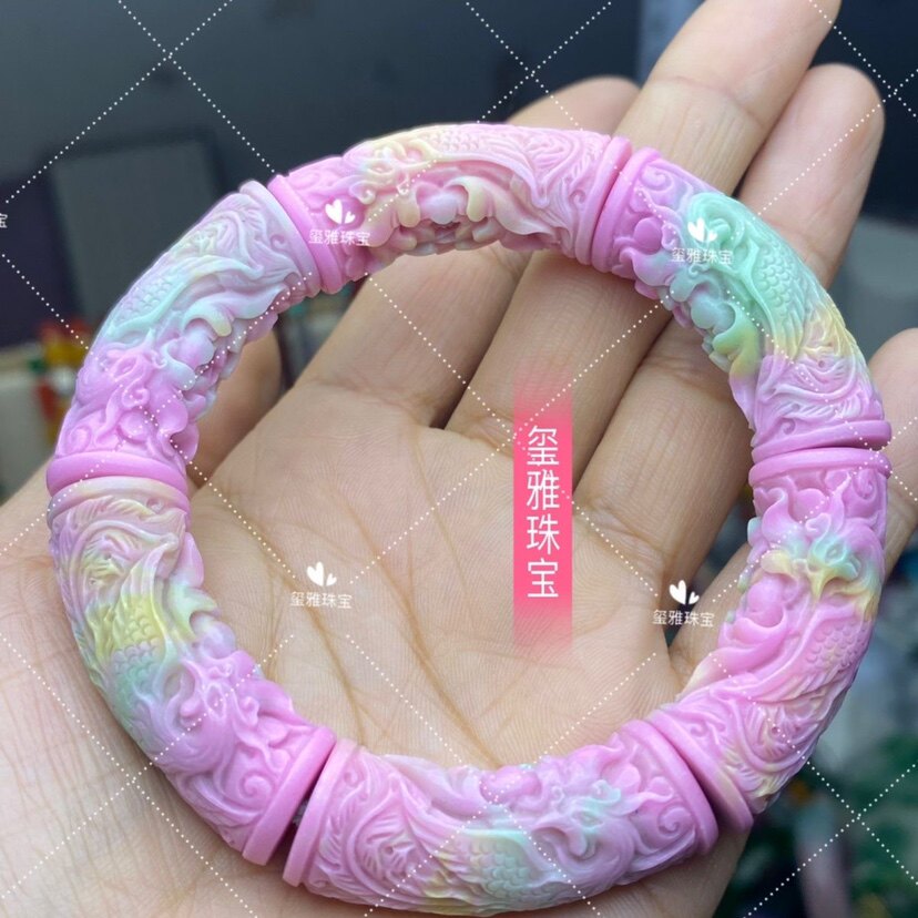 天然七彩盐源手镯半镯雕刻凤凰牡丹花收藏级男女款糖果色中国风