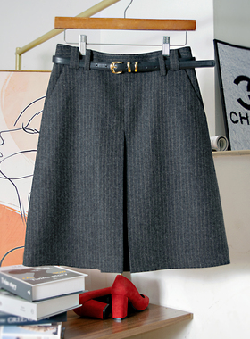 秋冬羊毛呢半身裙知识分子半裙条纹A裙高腰修身显瘦百搭及膝中裙