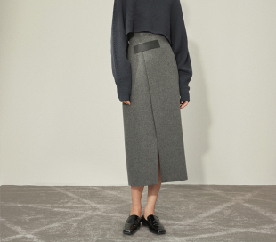 毛呢不规则长裙灰色高腰伞裙a字半身裙2023春装 开叉长裙真皮 新款