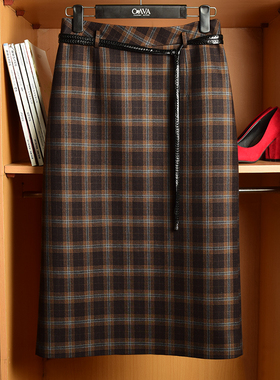 春装格子长半裙高腰修身显瘦百搭复古半身裙开叉一步裙子a字长裙