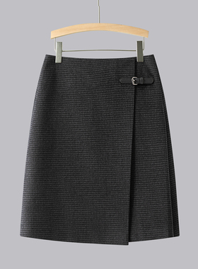 2025秋冬黑灰色毛呢半身短裙专柜品质高腰显瘦A字裙半裙及膝中裙