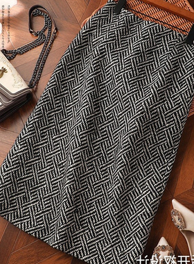 2023秋冬新品毛呢半身裙中长款包臀裙高腰格子裙人字半裙女粗纺裙