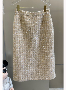 2024秋冬新款小香半裙鎏金半身裙亮片裙后开叉半身中长直筒包臀裙