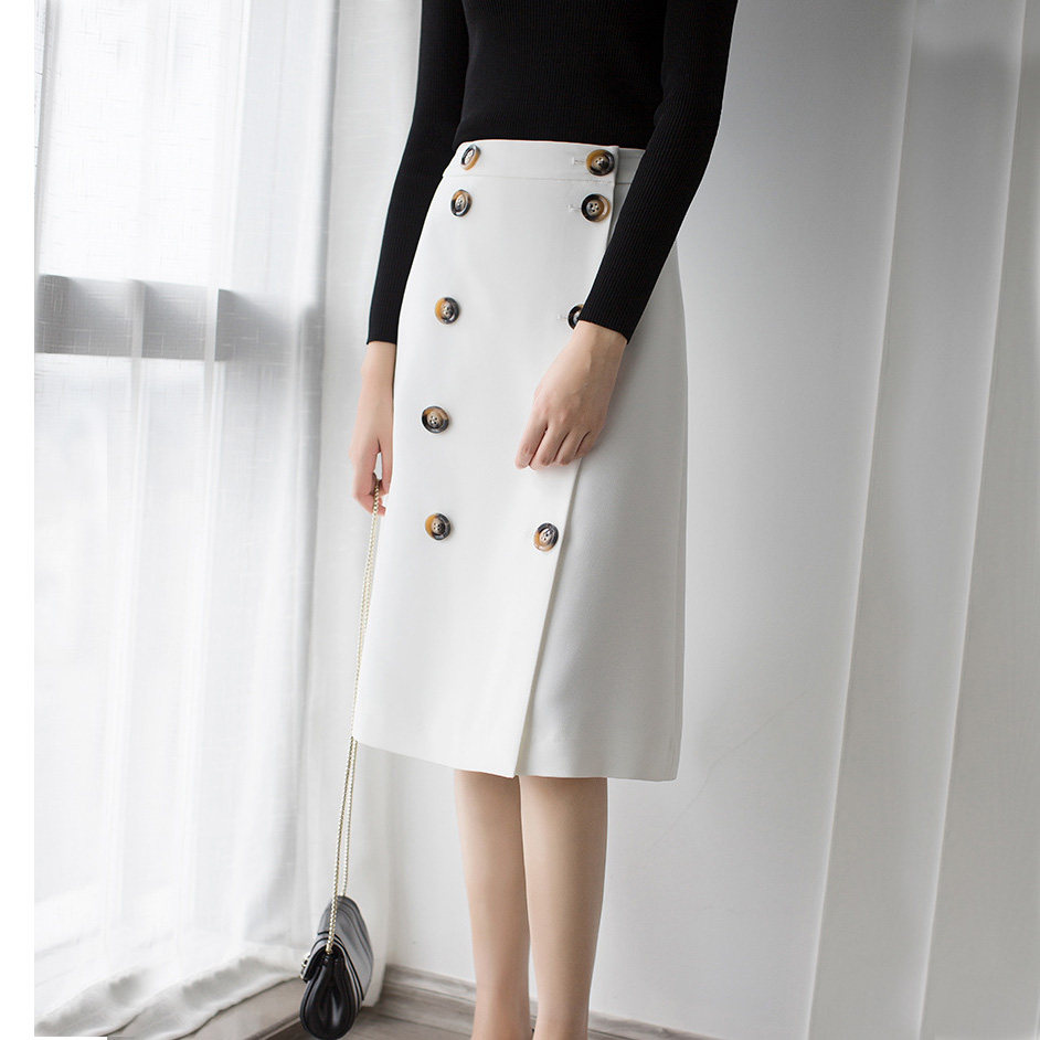 春季秋白色半身裙及膝裙子名媛风半身裙双排扣一片式裹裙中长款