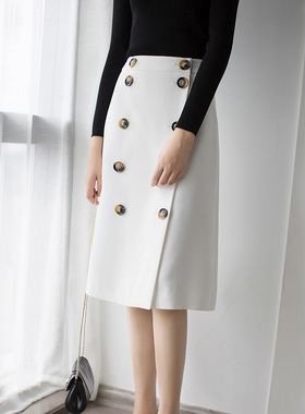 春季秋白色半身裙及膝裙子名媛风半身裙双排扣一片式裹裙中长款