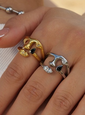 欧美小众INS风镀金钛钢戒指女时尚手饰不锈钢镶嵌锆石开口戒指