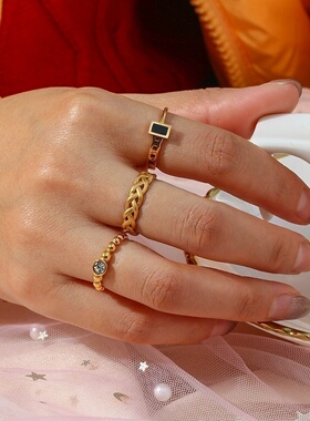 欧美ins摩登潮流气质指环饰品 不锈钢镀18K金色开口珠子锆石戒指