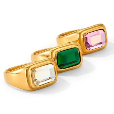 跨境极简主义轻奢戒指镶嵌绿色大锆石潮流指环不锈钢首饰