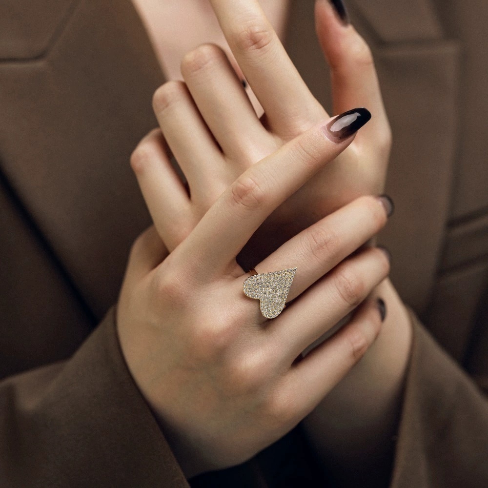 跨境新品S925银心形满钻戒指欧美摩登大爱心开口戒指女情人节礼物