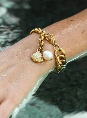 不锈钢淡水珍珠手链 18K金镀金10毫米宽双古巴链矮矮胖胖的手链女