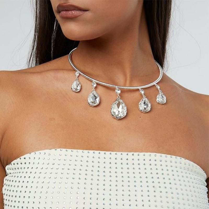 欧美跨境水滴梨形钻开口项圈欧美时尚晚会派对水钻锁骨链necklace