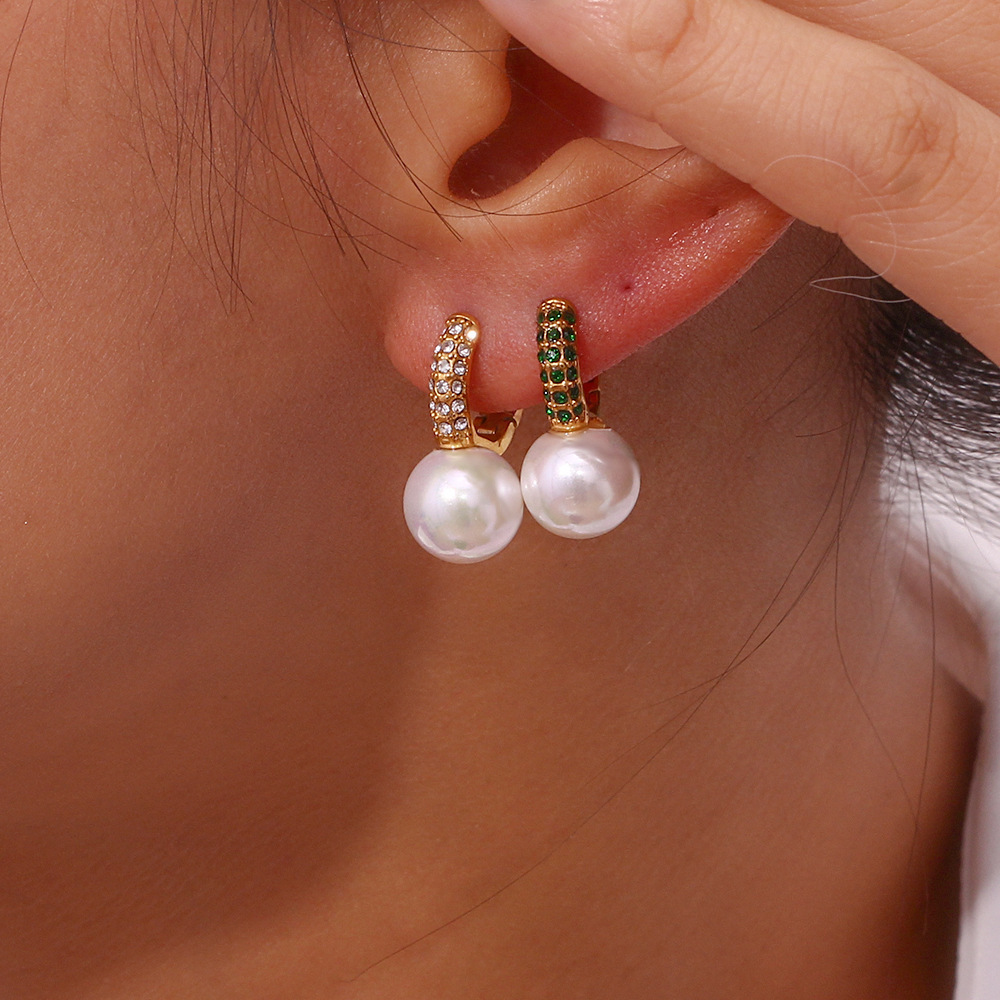 欧美时尚简约小众轻奢耳饰 不锈钢镀18K金满钻耳扣仿真珍珠耳环女