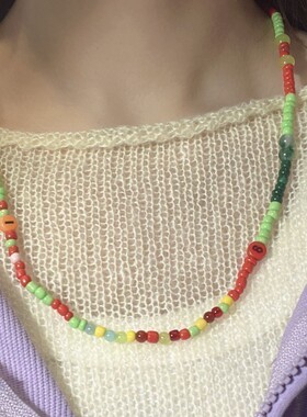 原创设计欧美跨境喜庆大红色系五彩色陶瓷米珠玛瑙锁骨链手链项链