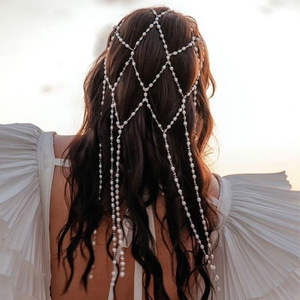 欧美新款人造珍珠发箍舞会表演网格流苏发箍多层头饰 hairband女