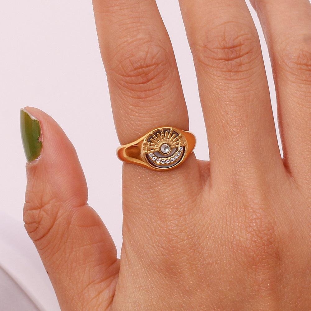 欧美时尚个性微镶指环饰品 不锈钢镀18K金铸造月亮太阳印章戒指女