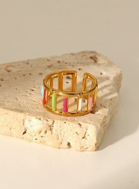 摩登流行滴油不锈钢戒指派对礼物 18K镀金首饰彩色珐琅开口戒指女