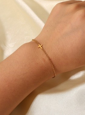 INS风复古钛钢手链18K金十字形精细款手链女式摩登不锈钢手链饰品