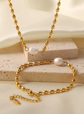 ins网红小众设计摩登不褪色天然淡水珍珠椭圆金豆豆钛钢手链/项链