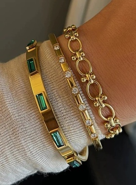 不锈钢！不掉色！欧美钛钢开口祖母绿色手镯螺纹荆棘手环锆石手链