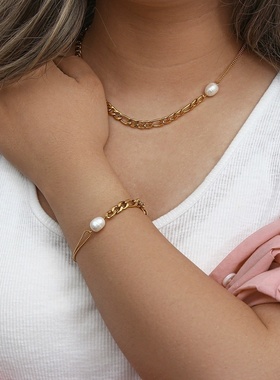 2024跨境欧美饰品 链条拼接不对称费加罗淡水珠链珍珠项链