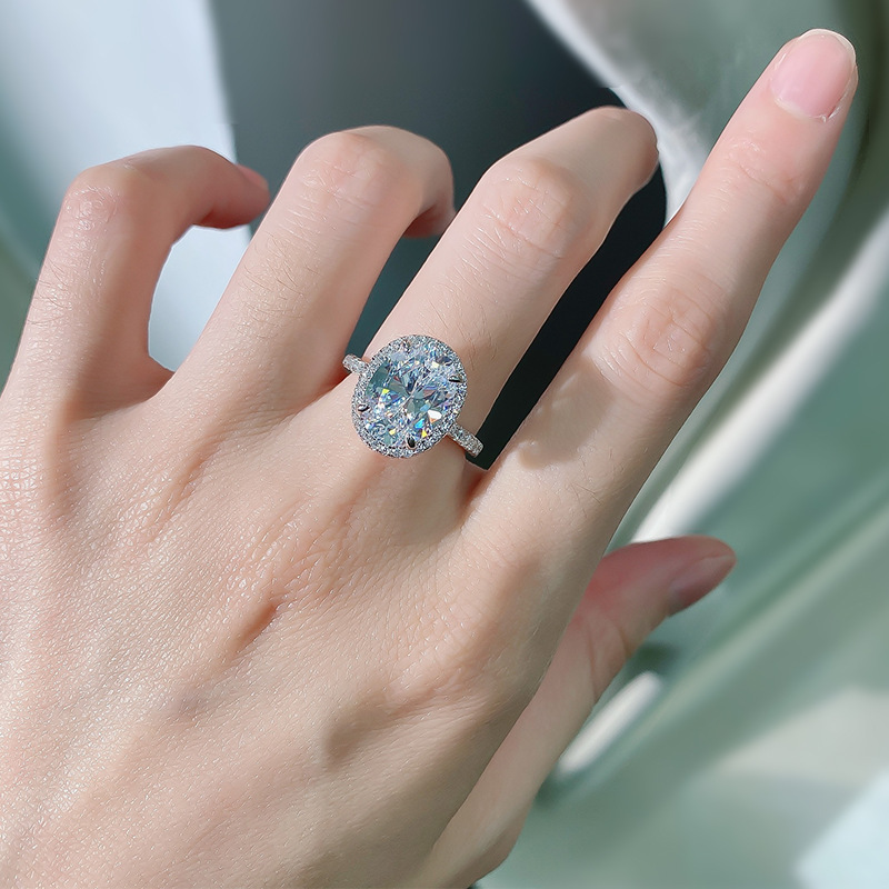 欧美跨境2024新款925银9*12椭圆鸽子蛋高碳钻戒指时尚简约戒指环