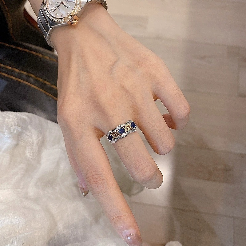 欧美2024新款925银4*5仿真红宝蓝宝分色奢华气质鸽子蛋戒指